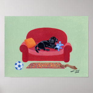 Affiche Le Labrador noir sur l'oeuvre du canapé rose