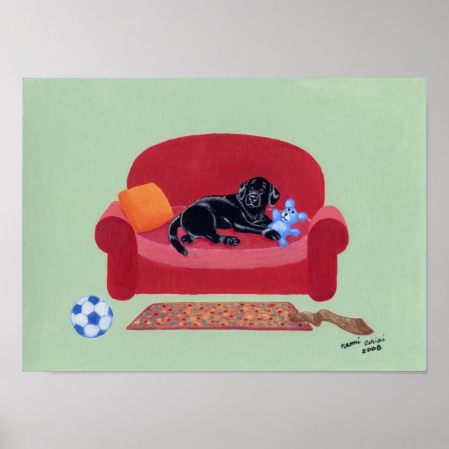 Affiche Le Labrador noir sur l'oeuvre du canapé rose (Devant)