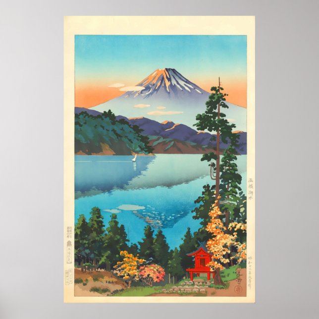 Affiche Le lac Ashi dans les collines de Hakone au début d (Devant)
