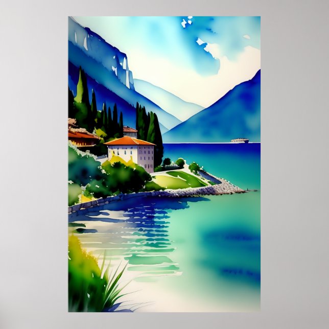 Affiche Le lac de Garde (Lago di Garda) peinture aquarelle (Devant)