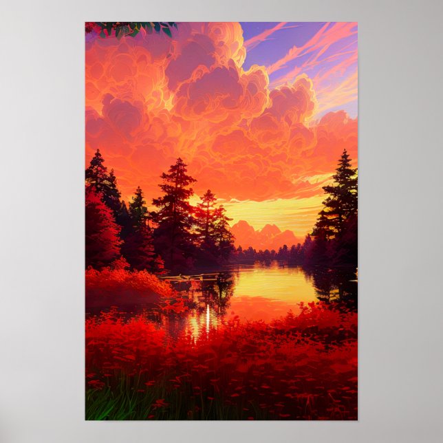 Affiche Le lac Forest Bathed au coucher du soleil rouge (Devant)