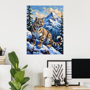 Affiche Le léopard des neiges sur une montagne