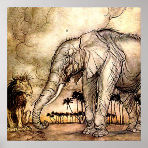 Affiche « Le Lion et l'Éléphant » par Arthur Rackham