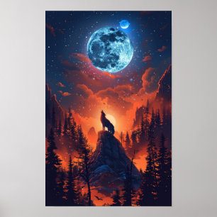 Affiche Le loup majestueux hurling à l'affiche de la lune