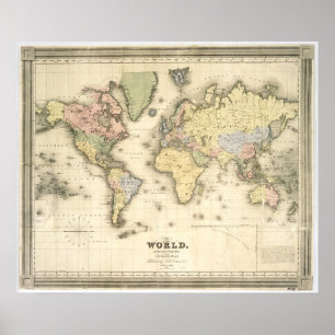 Affiche Le monde sur la projection de Mercator   1840