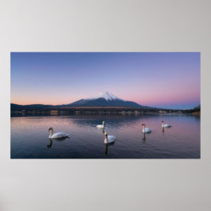 Affiche Le Mont Fuji   Lac Yamanaka avec cygnes