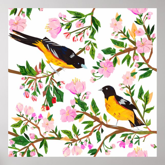 Affiche Le motif est avec des oiseaux et des fleurs. C'est (Devant)