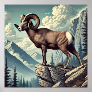 Affiche Le mouton de Bighorn sur un terrain rocheux