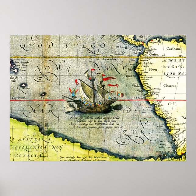 Affiche Le navire Victoria de Magellan, carte antique de l (Devant)