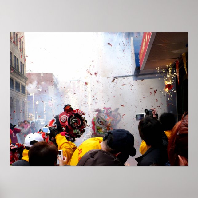 Affiche Le Nouvel An Chinois, pétards et lions (Devant)