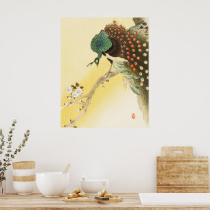 Affiche Le paon sur l'arbre à fleurs de cerisiers