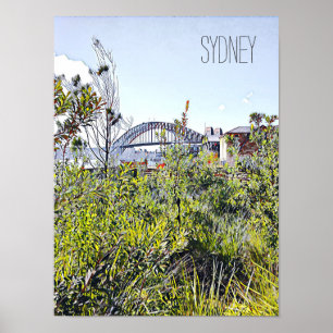 Affiche Le pont du port de Sydney avec des plantes autocht