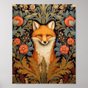 Affiche Le renard et les fleurs rouges style Art nouveau