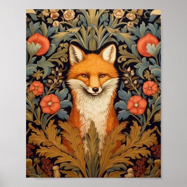Affiche Le renard et les fleurs rouges style Art nouveau (Devant)