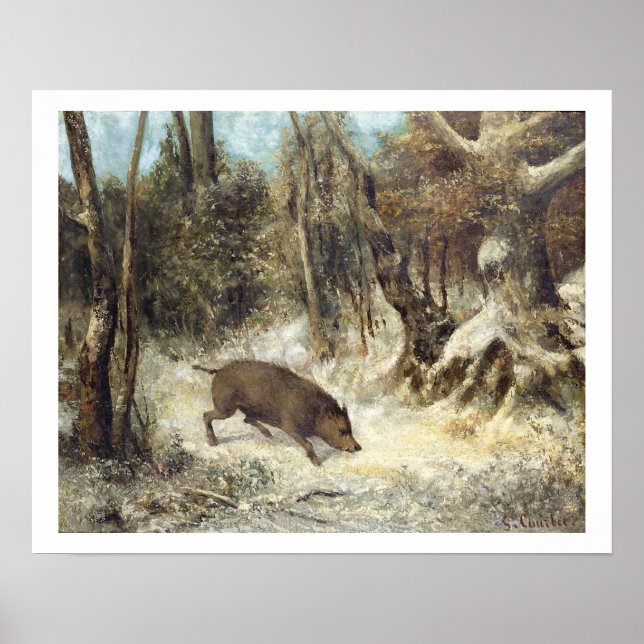 Affiche Le sanglier dans la neige, signé Courbet (faux) (Devant)