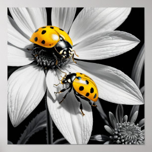 Affiche Le scarabée jaune sur la fleur blanche noire