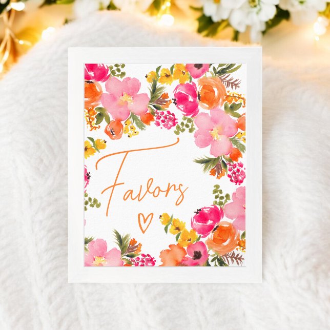 Affiche Le script de fleurs orange gras favorise la douche (Bold Orange flowers script favors bridal shower Poster)