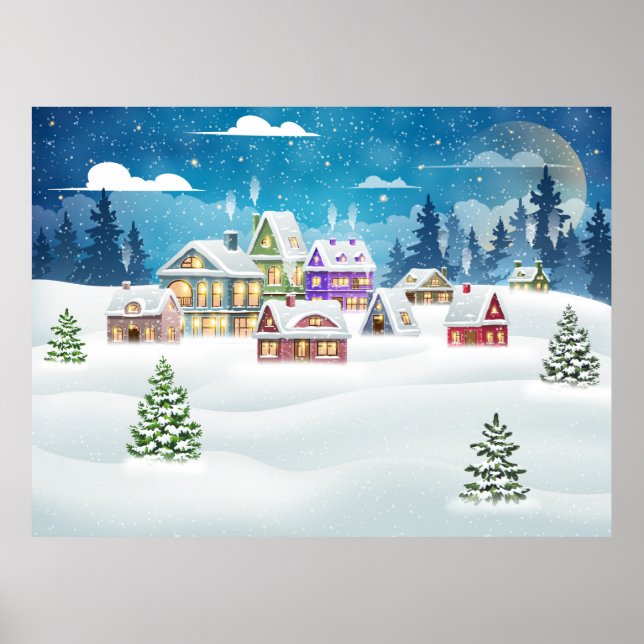 Affiche Le soir paysage de village d'hiver avec neige (Devant)