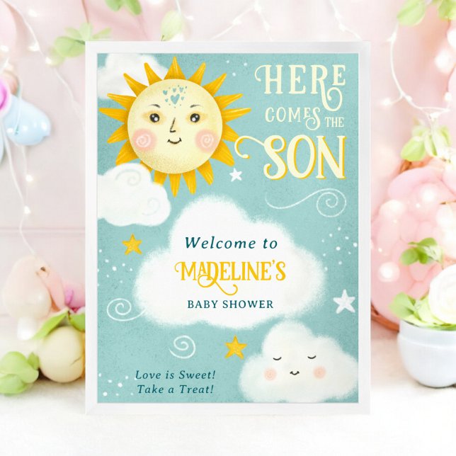 Affiche Le soleil lunaire rétro vient ici le baby shower f (Retro whimsical Sun here comes the son baby shower Poster)