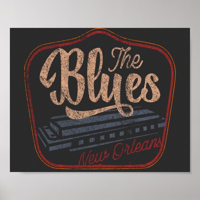 Affiche Le T-shirt des Blues new Orleans harmonica en détr (Devant)