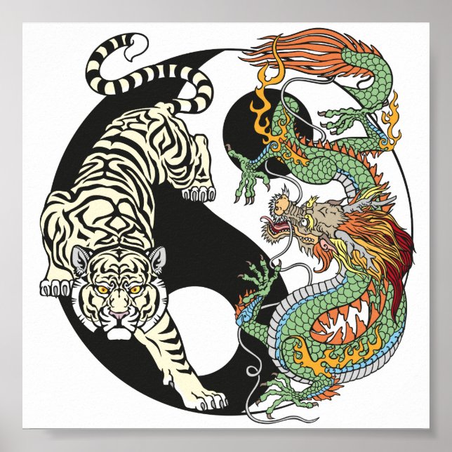 Affiche Le tigre blanc contre le dragon vert dans le Yin y (Devant)