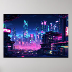 Affiche Le toit de la ville de nuit de Cyberpunk