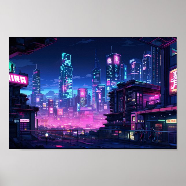 Affiche Le toit de la ville de nuit de Cyberpunk (Devant)