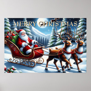 Affiche Le traîneau du Père Noël à travers la forêt enneig