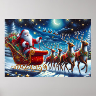 Affiche Le traîneau et les rennes du Père Noël la nuit de