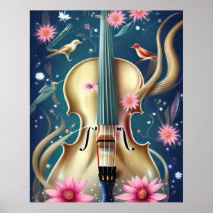 Affiche Le violoncelle fleurit les oiseaux abstraits moder