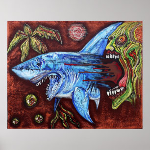 Affiche Le zombi mange l'affiche de requin