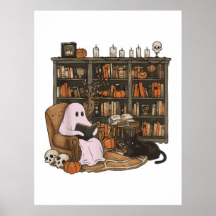 Affiche Lecteur fantôme Livre Amateur de chat Halloween 