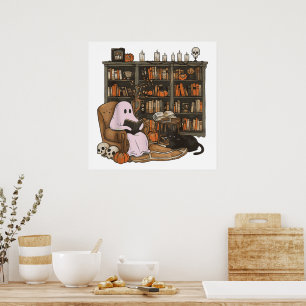 Affiche Lecteur fantôme Livre Amateur de chat Halloween 