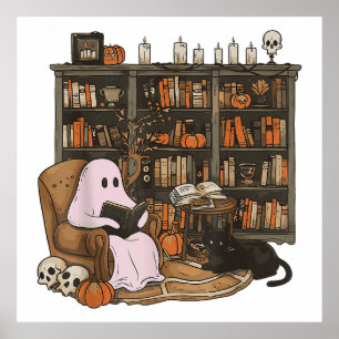 Affiche Lecteur fantôme Livre Amateur de chat Halloween 