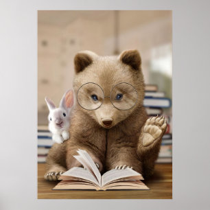 Affiche Lecteur Ours Cadeaux Et Lapin Lire Livres