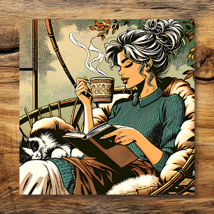 Affiche Lecture confortable Lady avec carte de café et de