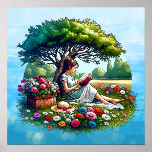Affiche Lecture de fille sous un arbre entouré de fleurs