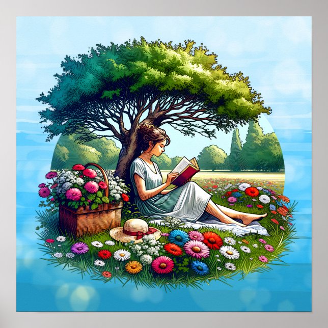 Affiche Lecture de fille sous un arbre entouré de fleurs (Devant)