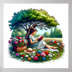 Affiche Lecture de fille sous un arbre entouré de fleurs
