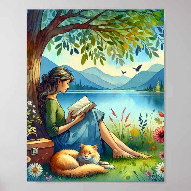 Affiche Lecture d'un livre sous un arbre avec un chat endo (Devant)
