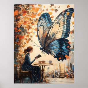 Affiche Lecture féminine avec papillon géant Art Abstrait