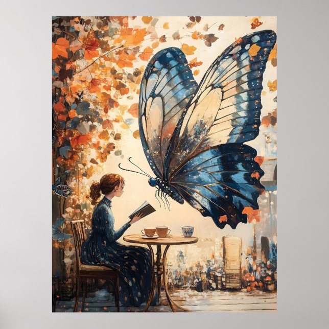 Affiche Lecture féminine avec papillon géant Art Abstrait (Devant)