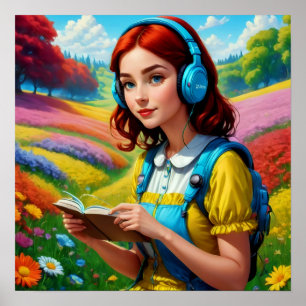 Affiche Lecture fille avec casque paysage coloré