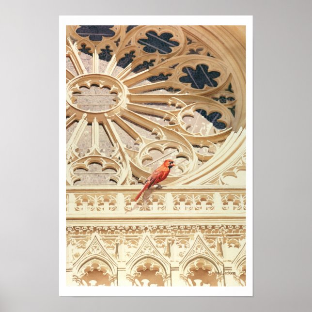 Affiche L'église cardinale et l'aquarelle d'oiseaux (Devant)