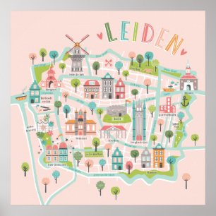 Affiche Leiden City Illustrated Carte rose