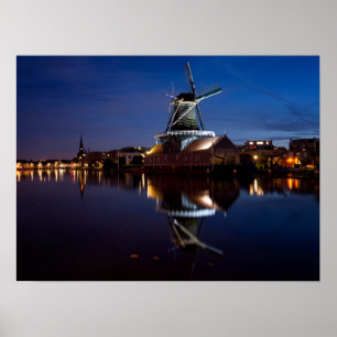 Affiche Leidschendam moulin à vent avec réflexion la nuit