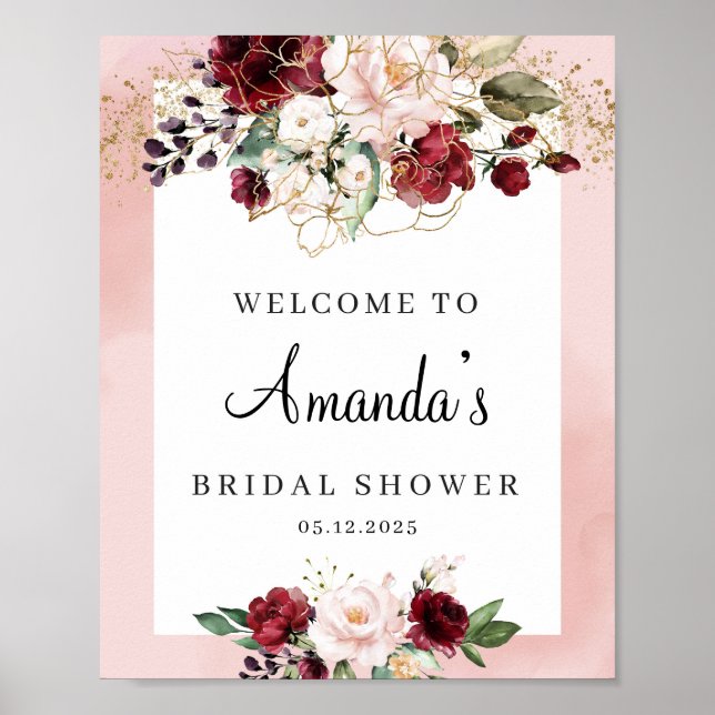 Affiche L'élégant rose burgundy boho floral douche de mari (Devant)