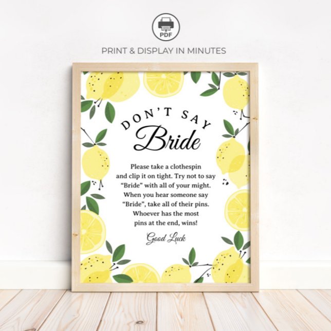 Affiche Lemon "Don't Say Bride" Bridal Shower Game sign (Créateur téléchargé)