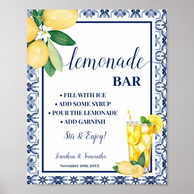 Affiche Lemonade Bar Blue Mediterranean Lemons Sign (Devant)