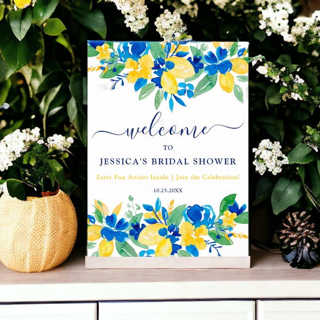 Affiche Lémons bleu jaune citrons fleuri accueil nuptiale (Blue yellow lemons floral welcome bridal shower poster)